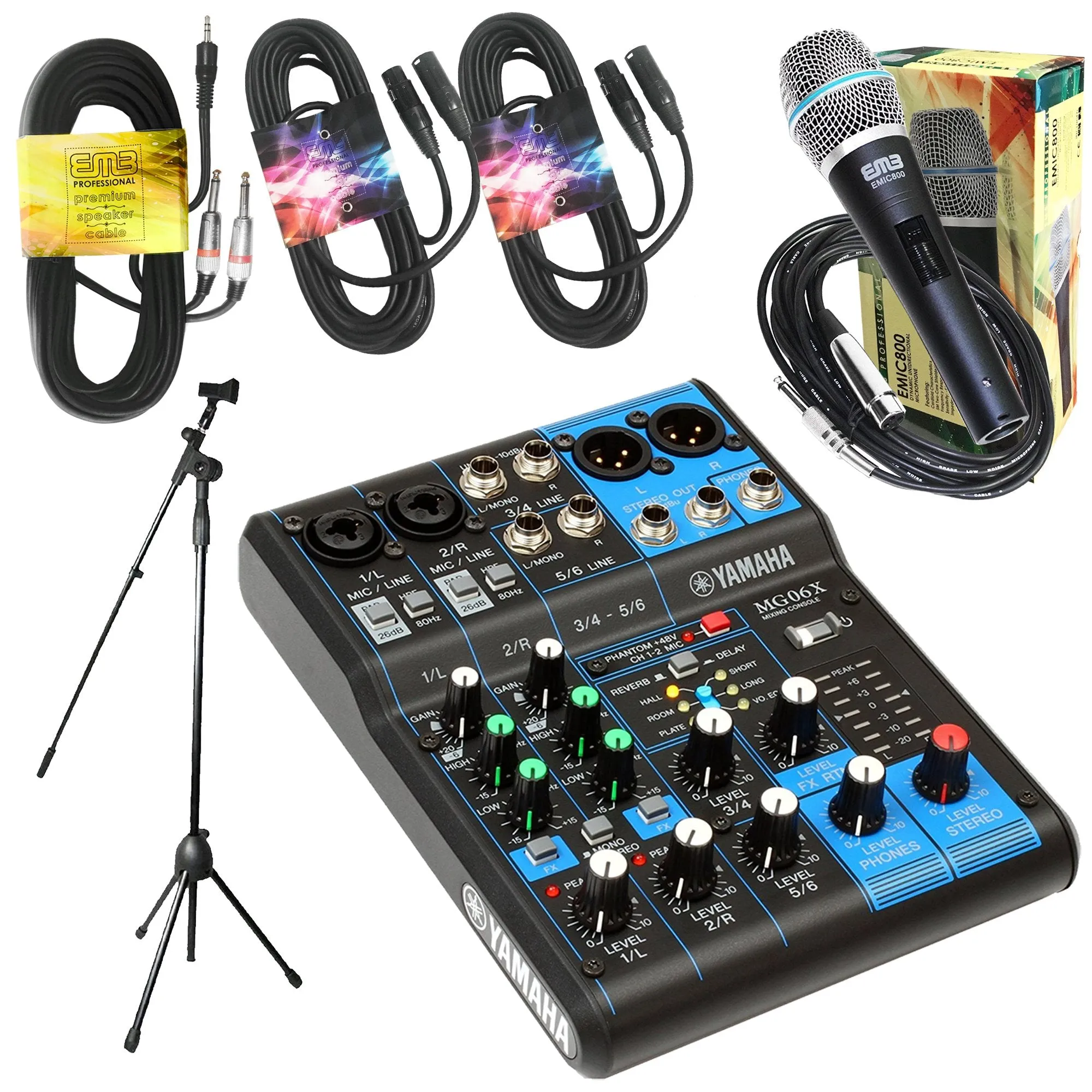 Yamaha Package Bundle - Yamaha MG06X 6-Channel Mixer   EMB Emic800 Microphone   2 XLR XLarge Cables   3.5mm to Dual 1/4" Cable   Microphone Stand